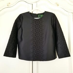 C Wonder Black Floral Embroidered Silk Blend 3/4 Sleeve Top Size 8 NWT